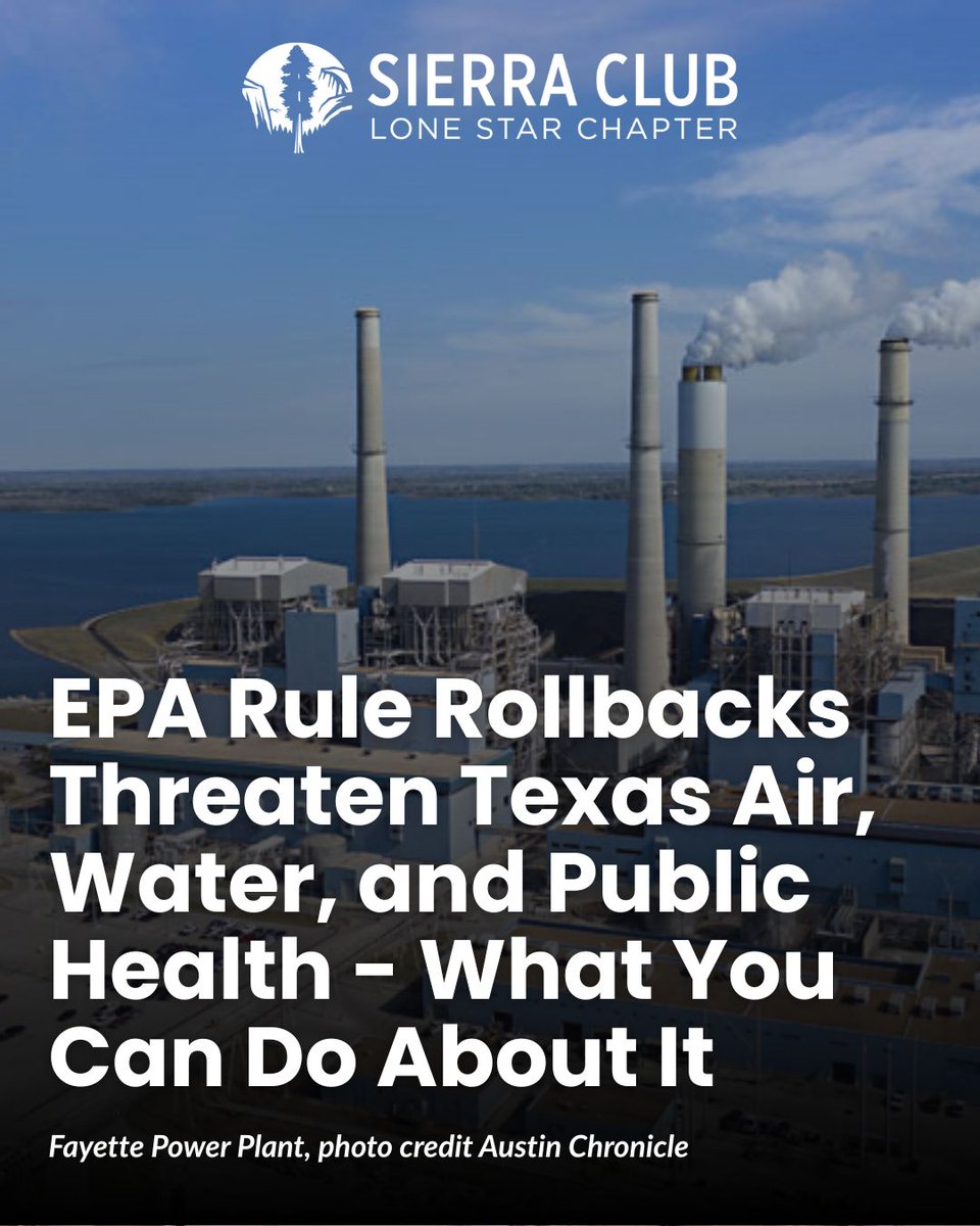 TexasSierraClub's tweet image. Only a few months into the Tr*mp admin, the EPA is proposing to rollback a number of rules and standards.
These standards were designed to reduce air & water pollution from the largest group of polluters in the US - coal & other power plants.
More: bit.ly/3ZUtZ1b