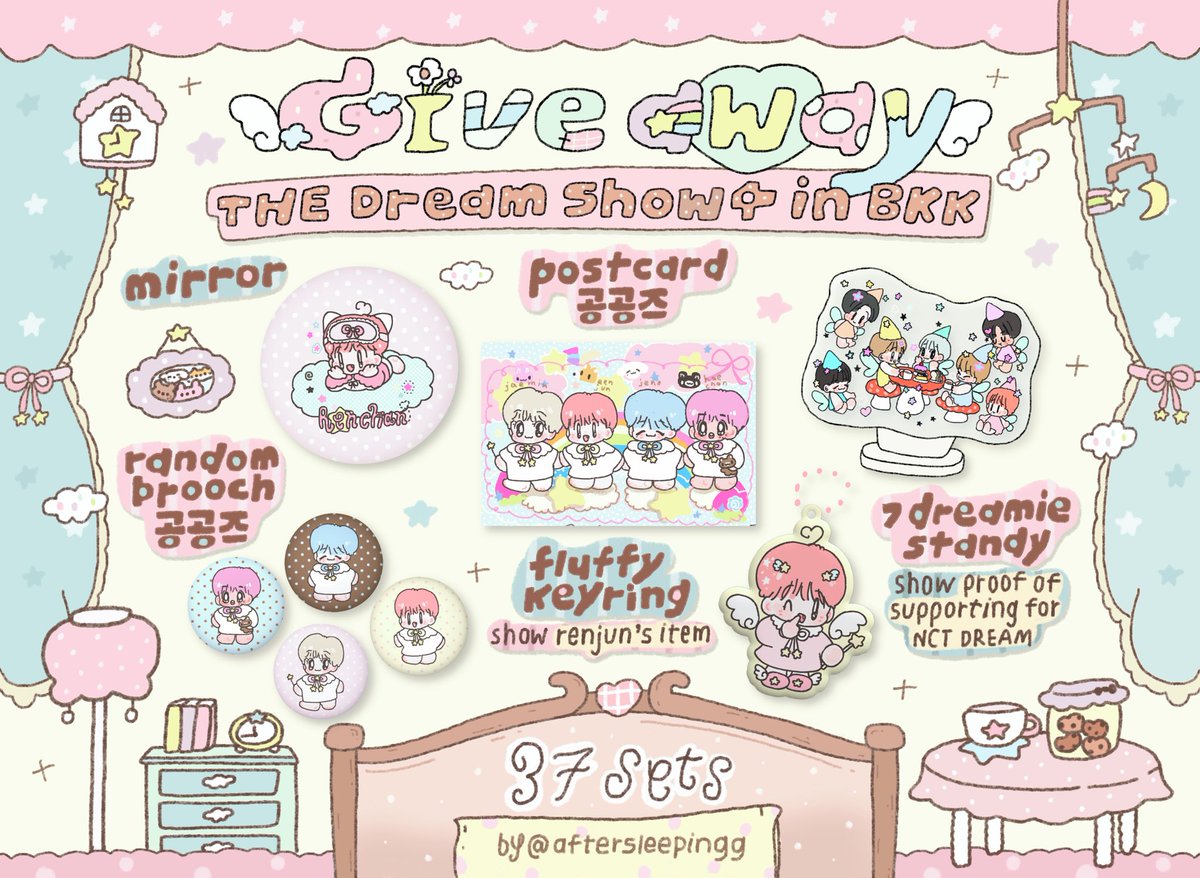 pls rt ―🩵🍀୨୧⋆ ˚

𝓖ive💌away👼🏻♡ 37 sets🛏️💭
⋆｡‧˚ʚ 🐯🦊🐶🐻🐰🐬🐹 ɞ˚‧｡⋆

🏟️ 16 august at rajamangala stadium
🕰️ time : tba

#NCTDREAM
#THEDREAMSHOW4_in_BKK
#NCTDREAM_THEDREAMSHOW4_BANGKOK
