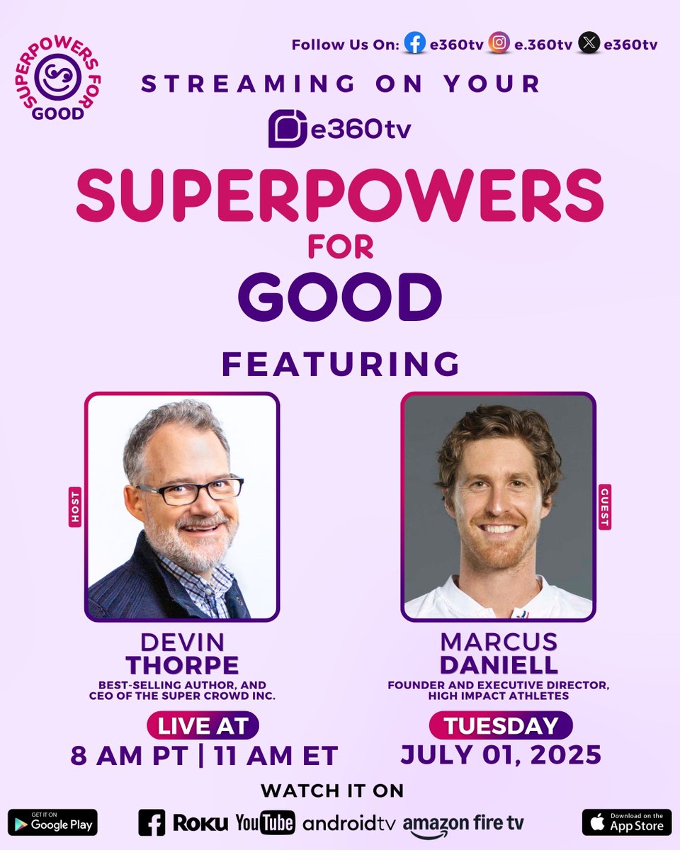 Excited to share tomorrow's episode of Superpowers for Good on <a href="/e360tv/">e360tv</a> with @marcusdaniell, Founder and Executive Director, <a href="/HIAorg/">High Impact Athletes</a>

To watch the episode, visit: s4g.biz/tv or download the #e360tv channel app to your streaming device or your mobile device.