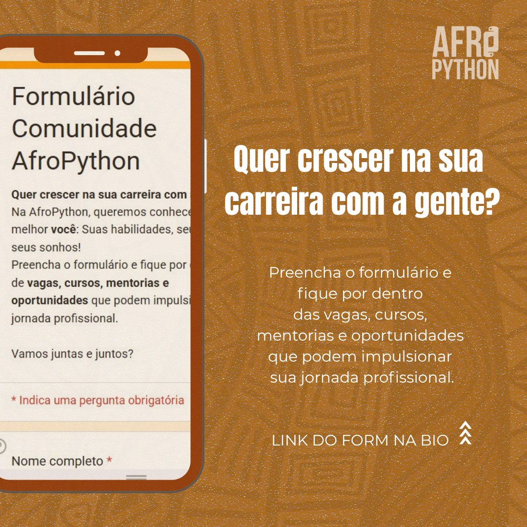 AfroPython's tweet image. 📢 Ei Você que já conhece a AfroPython e ou vc q está chegando agora, estamos fazendo um levantamento especial c todas as pessoas incríveis q nos acompanham nessa caminhada🧡 
aqui👉🏾bit.ly/AfroPython-com…