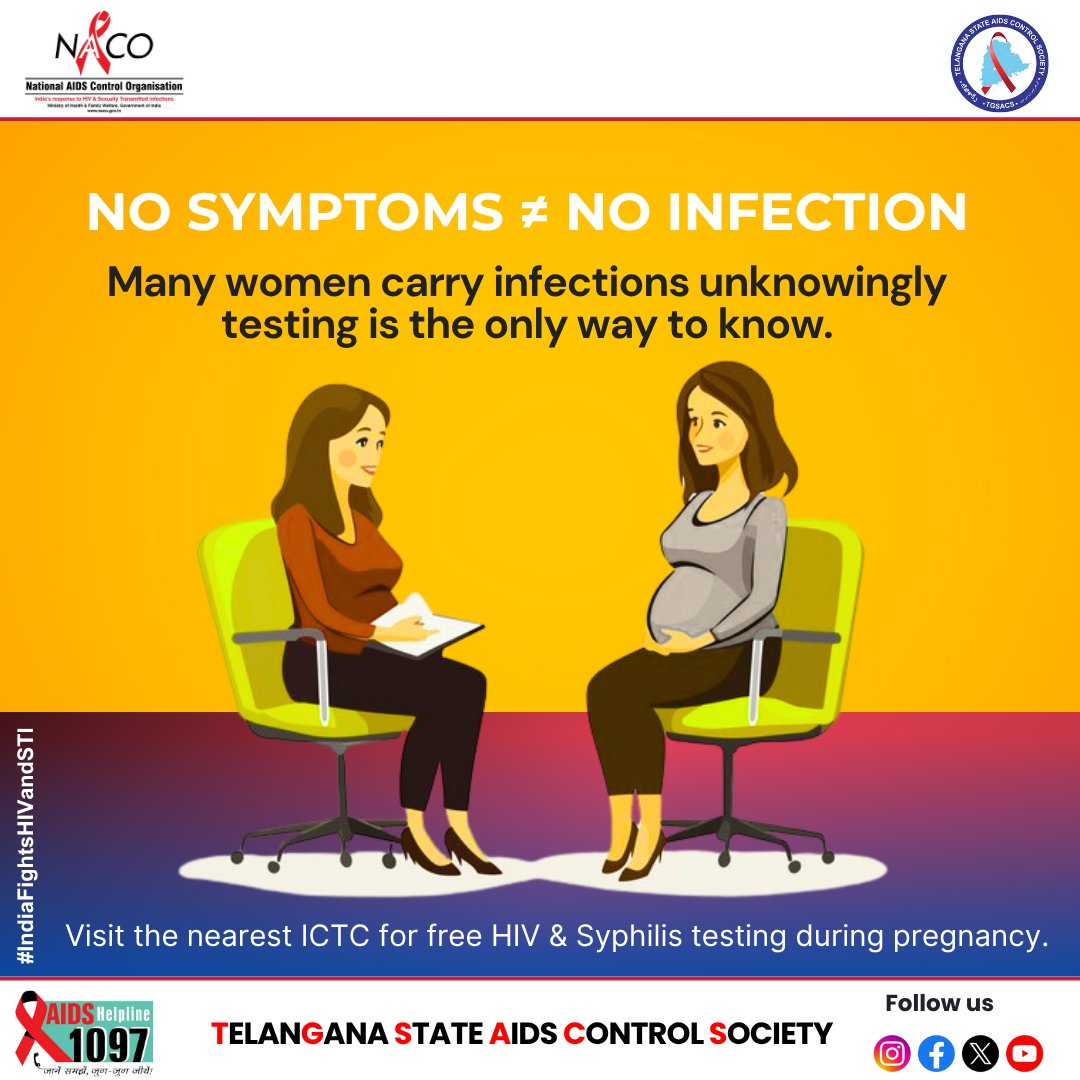 TGSACS1's tweet photo. 🚫 No Symptoms ≠ No Infection
Many women carry HIV or Syphilis unknowingly during pregnancy.
🧪 Testing is the only way to know.

#IndiaFightsHIVandSTI
#NoSymptomsNoExcuse
#TestToKnow
#StayTestedStaySafe
#HealthyMotherHealthyBaby
#FreeHIVTesting
#FreeSyphilisTesting
#ICTC https://t.co/VhkzTexHuD