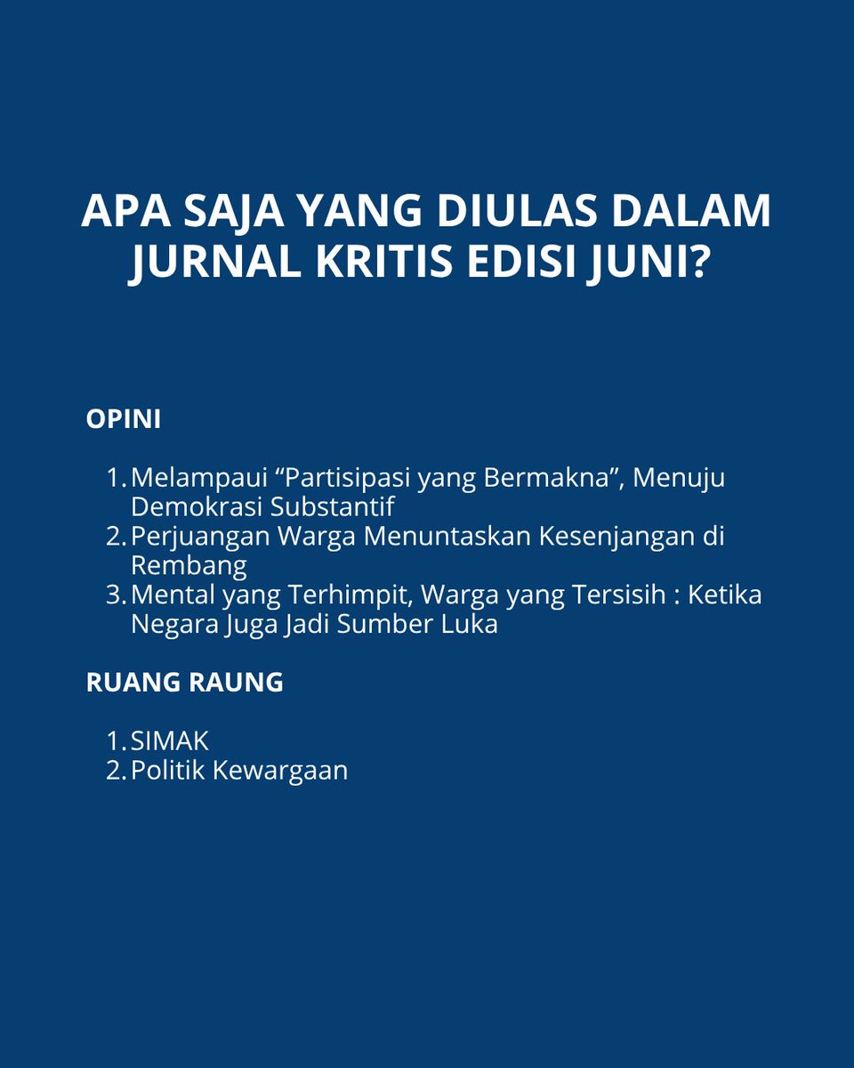 JURNAL KRITIS LBH SEMARANG
Edisi Juni 2025

HOLOPIS KUNTUL BARIS: POTRET POLITIK KEWARGAAN DI JAWA TENGAH

Jurnal ini mendokumentasikan suara-suara warga Jawa Tengah yang selama ini dibisukan oleh penguasa. Jurnal ini bukan sekadar bacaan. Ini adalah panggilan untuk bertindak.