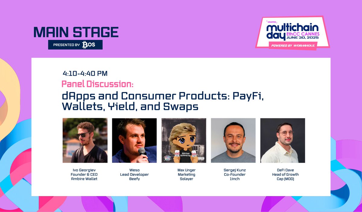 ⏰ Up next at 4:10PM CEST — Panel Discussion on dApps and Consumer Products: PayFi, Wallets, Yield, and Swaps!

Featuring:
@ivshti from @ambirewallet
<a href="/the_weso/">Weso</a> from <a href="/beefyfinance/">Beefy</a>
<a href="/maxpunger/">Max (svm/acc)</a> from <a href="/solayer_labs/">Solayer</a>
<a href="/deacix/">Sergej Kunz</a> from <a href="/1inch/">1inch</a>
@defidave22 from <a href="/capmoney_/">cap</a>

🔴 Watch live: