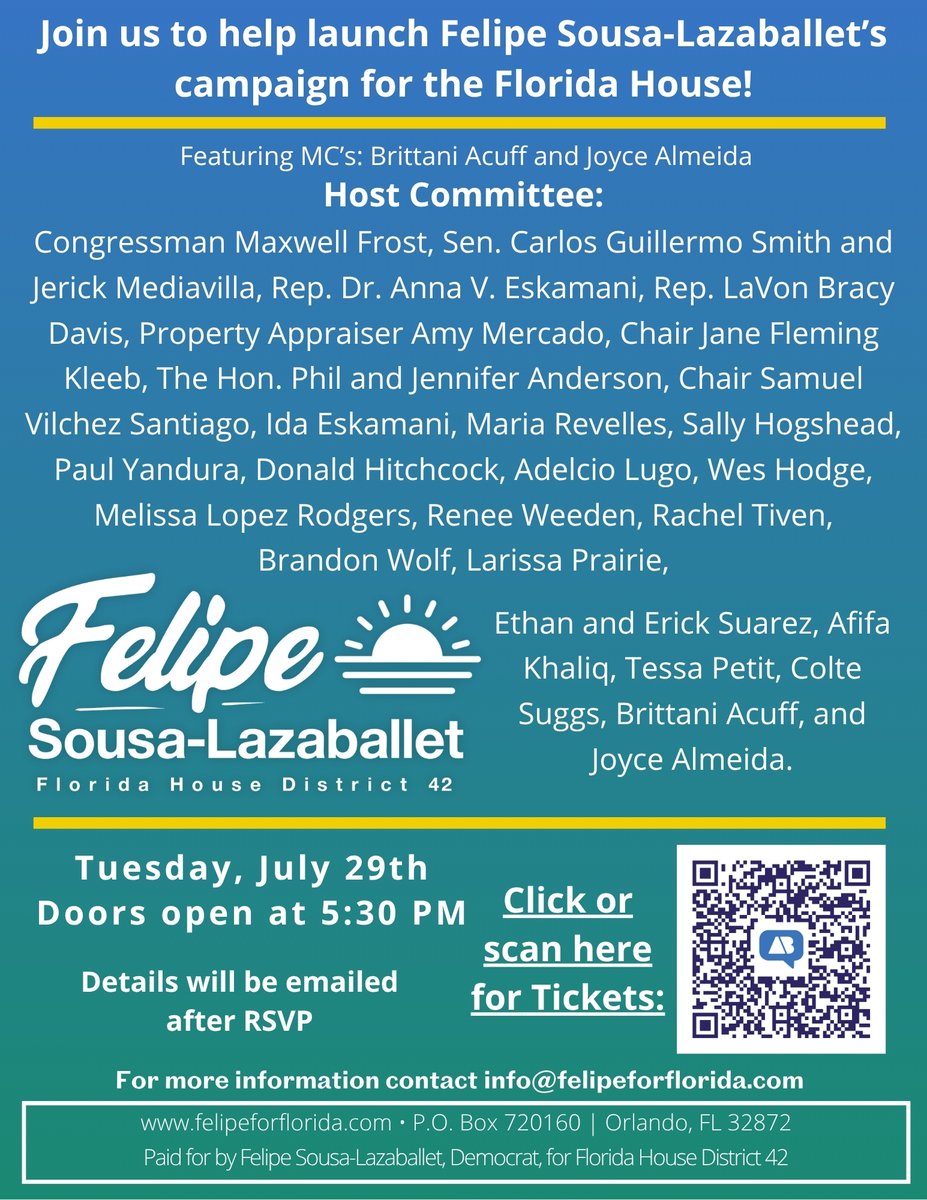 FelipeForFL's tweet photo. Our official campaign kickoff is less than 30 days away! 

Don't miss an amazing line up of speakers as we prepare to send the first Dreamer to Tallahassee to represent Florida House District 42.

RSVP to join us at the link below:
https://t.co/94JHjKbVdp https://t.co/5rPC0VNX3Z