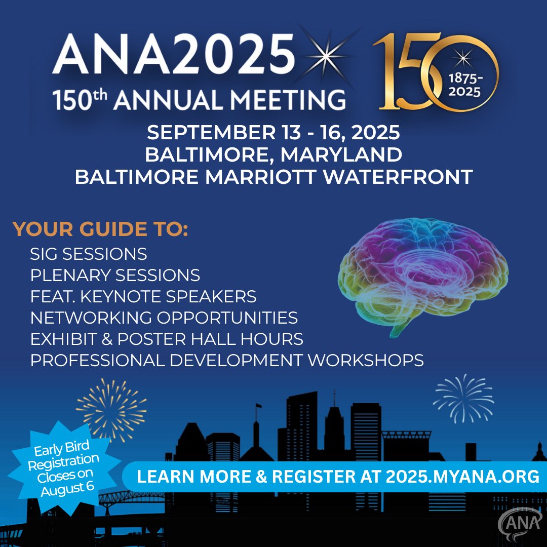 🚨 Don’t forget to register for #ANA2025!
Join us in Baltimore as we celebrate 150 years of advancing academic neurology with groundbreaking science, collaboration, and community. 🧠
📌 September 13-16, 2025
🔗 2025.myana.org