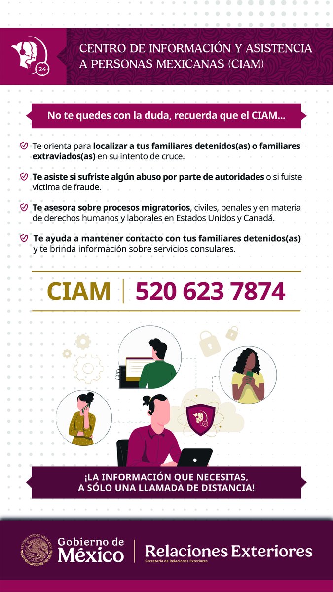 ☎️ ¿Necesitas ayuda o información en EE.UU. o Canadá?
El CIAM te orienta 24/7 en temas de:
✅ Protección consular
✅ Derechos en el exterior
✅ Asesoría legal y migratoria
✅ Localización de familiares
📲 ¡Llama al 520-623-7874!
#CIAM #ProtecciónConsular #MexicanosEnElExterior