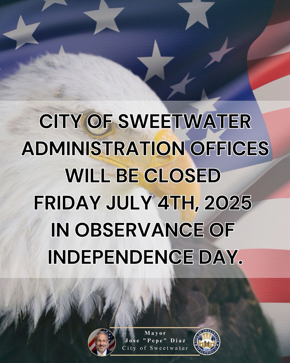 City Hall offices will be closed on Friday, July 4, 2025, in observance of Independence Day.
