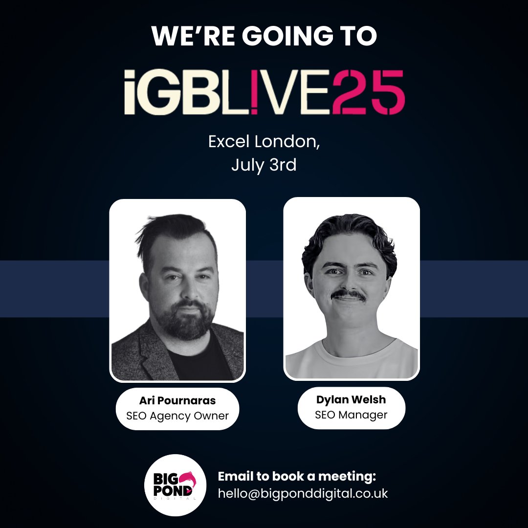 Ari &amp; Dylan are off to London for the iGB conference on Thursday.

Looking forward to meeting up with some existing clients in the flesh &amp; make new connections.
If you want to arrange a meeting, email us on hello@bigponddigital.co.uk

#iGBA25 #iGaming #iGamingAffiliate