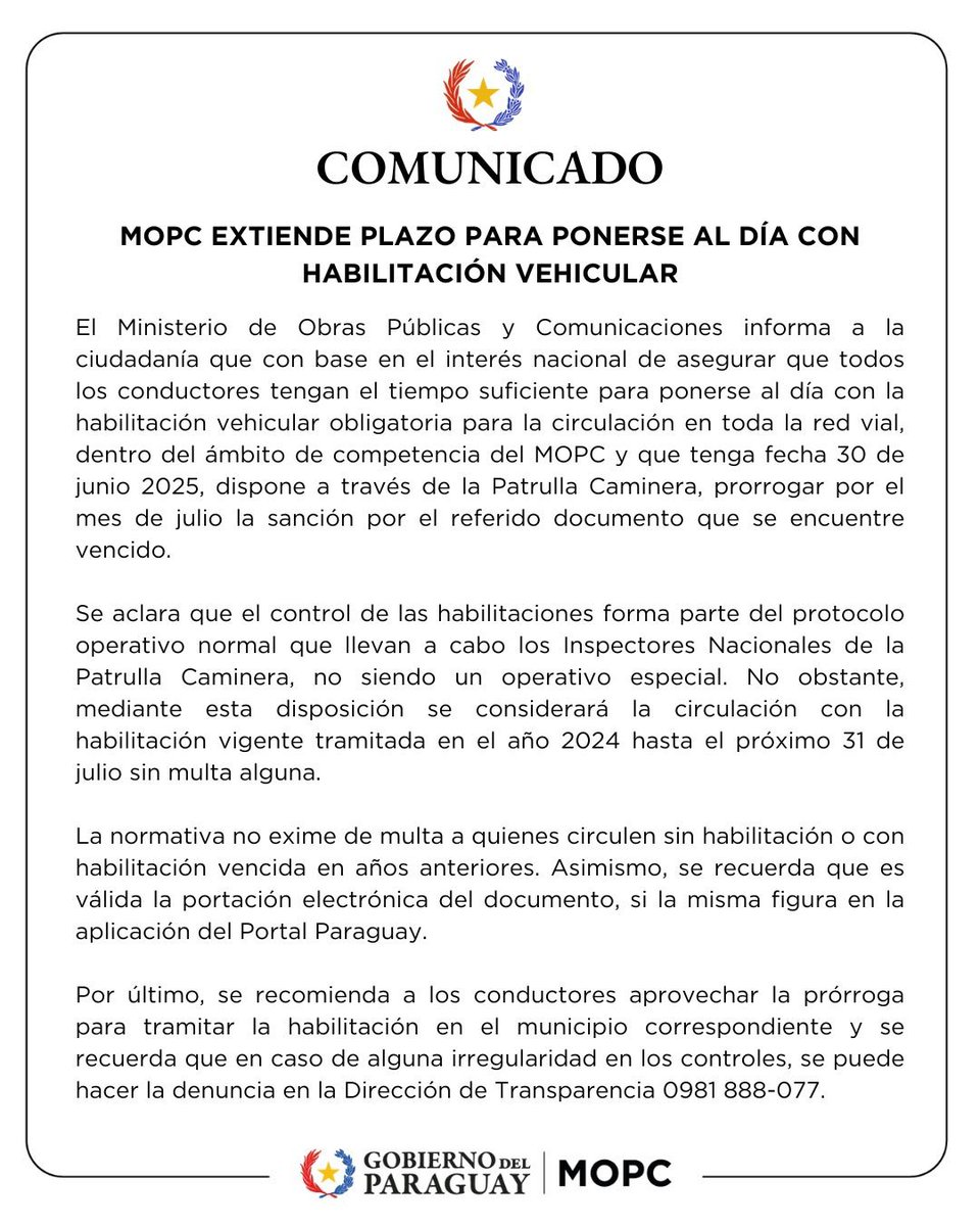 [LO ÚLTIMO]
Extienden plazo hasta fines de Julio para pagar la habilitación vehicular.