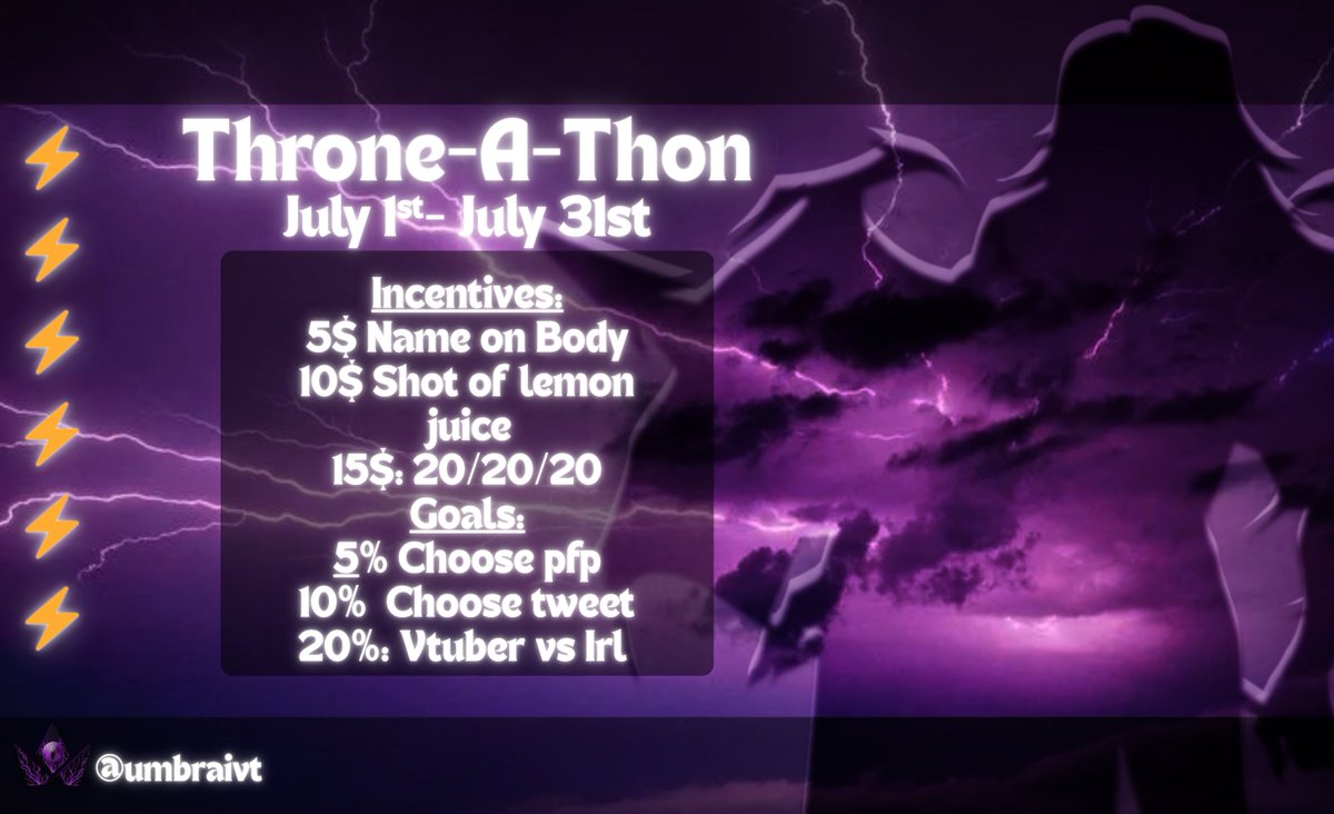 UmbraiDK's tweet image. ⚡️Good Morning Tempests! Big Announcement time!⚡️

For the month of July I&apos;ll be hosting a Throne-a-thon to help increase the progress towards my 2.0 model commission fund! 

Likes/RTs very much appreciated to get this announcement out there! 💜🌩️