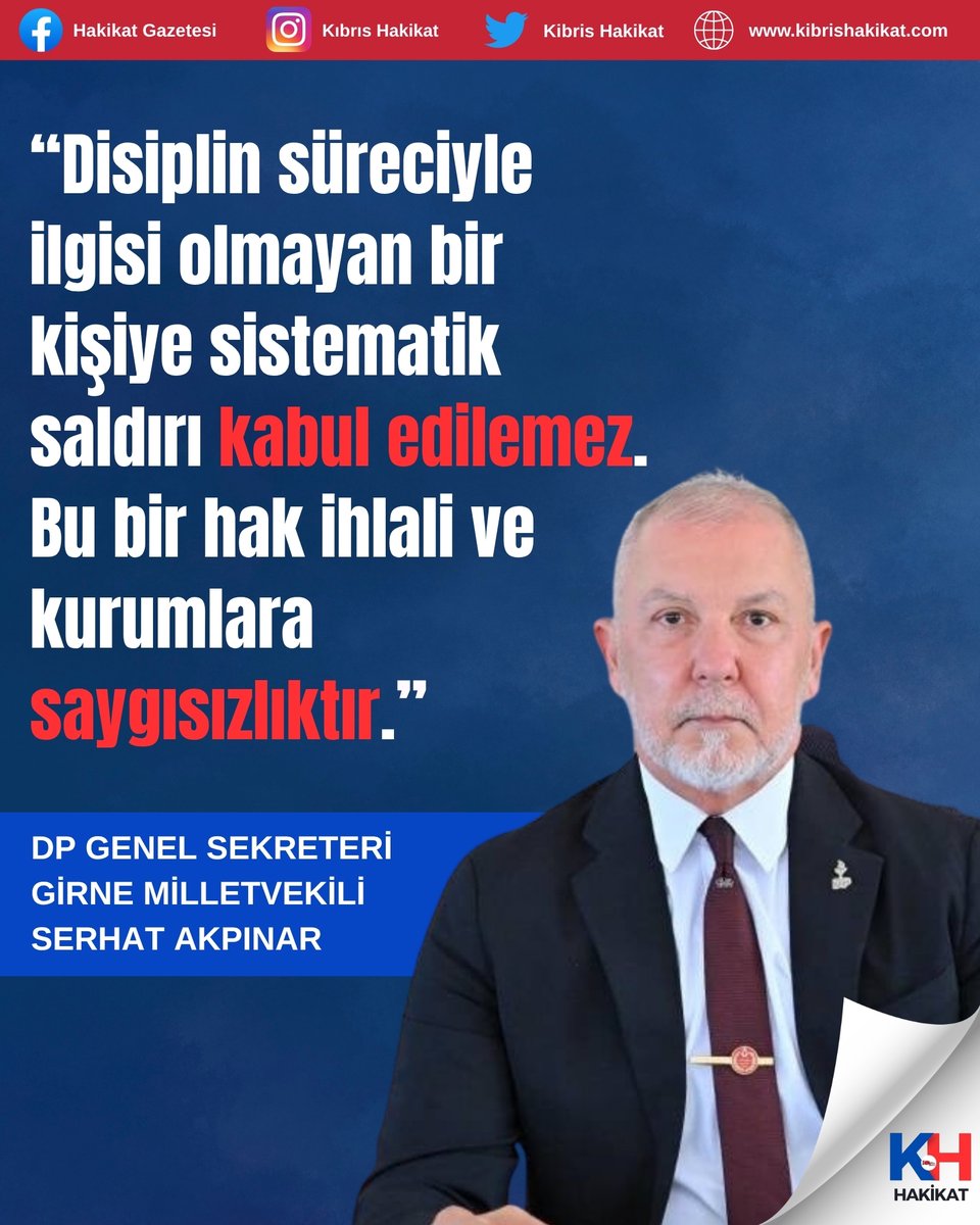 DP Genel Sekreteri Serhat Akpınar, Nevzat Nevzat’a yönelik iddiaların asılsız olduğunu vurguladı:
🗨️ “Disiplin süreciyle ilgisi olmayan bir kişiye sistematik saldırı kabul edilemez. Bu bir hak ihlali ve kurumlara saygısızlıktır.”
#DemokratParti #NevzatNevzat  
<a href="/akpinar_serhat/">Serhat AKPINAR</a>