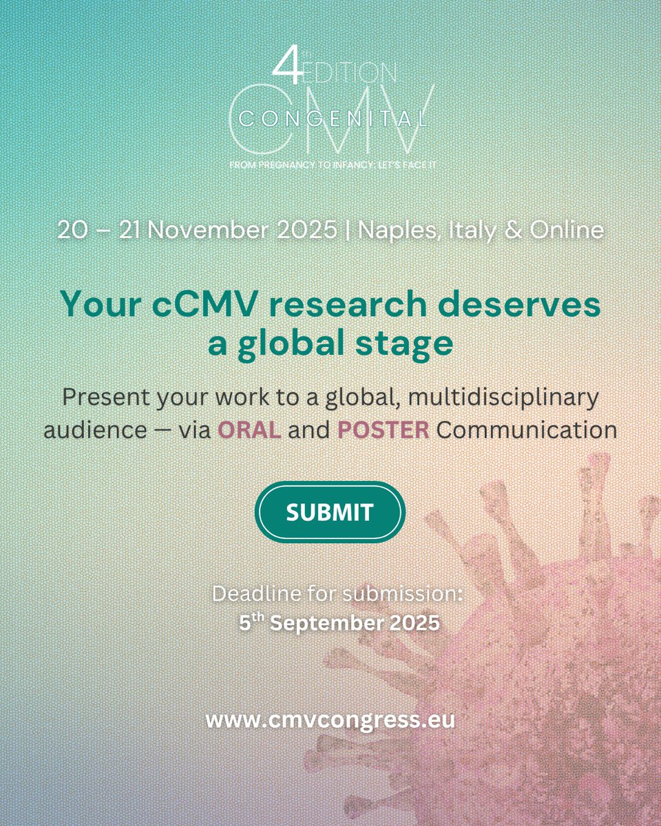 CMV_Congress's tweet image. Your #cCMV research matters! It deserves an international stage at #CMVcongress 2025.
Submit here👉: bit.ly/CMV-ABSTRACT
Online participation available✅: bit.ly/CMV-REGISTER
#CongenitalCytomegalovirus #PediatricCare #infectiousdisease #CongenitalDisease #newborn #obgyn