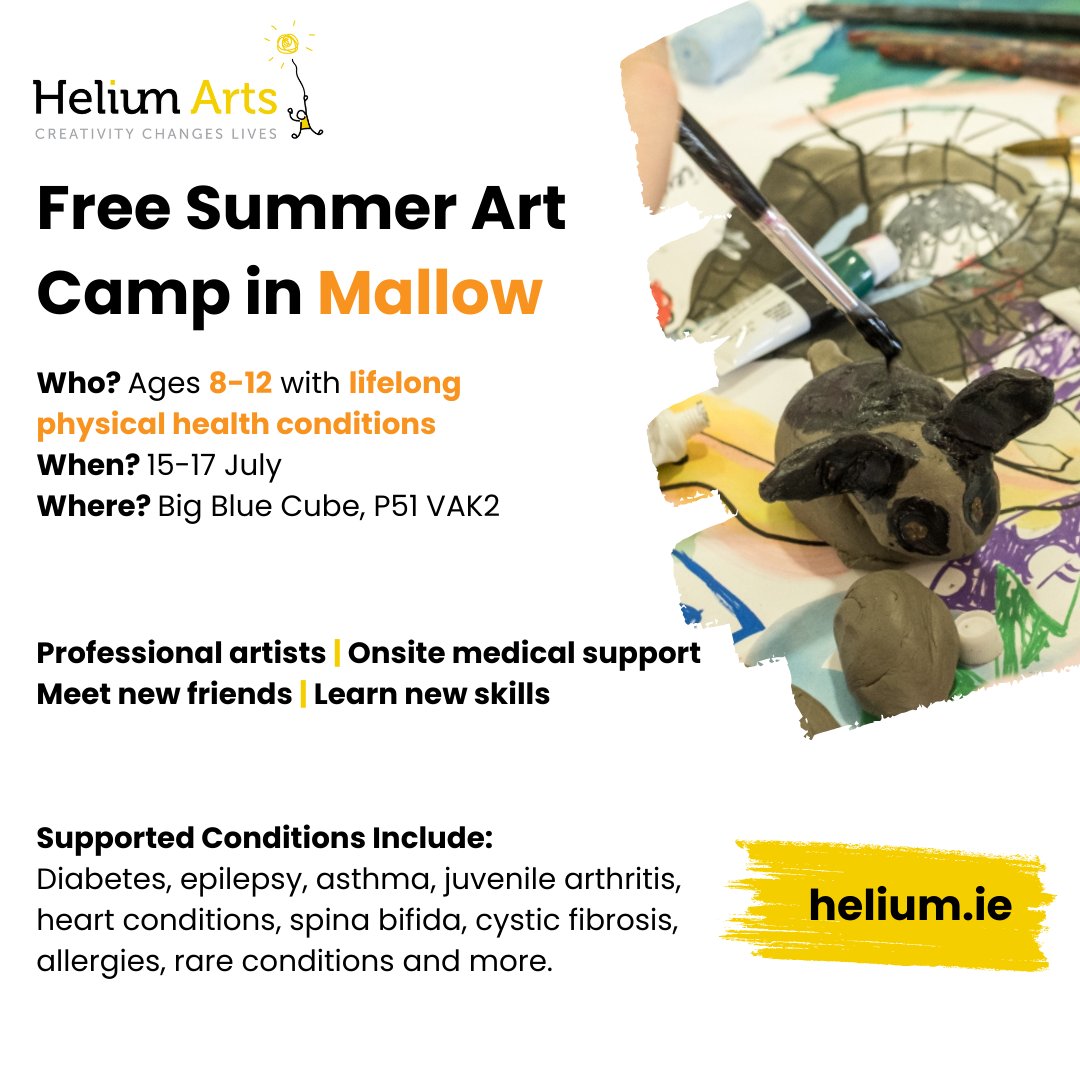 HSESouthWest (@hsesouthwest) on Twitter photo 🎨 Know a creative kid (8–12) with a lifelong physical health condition?
Join Helium Arts FREE Summer Art Camp in Mallow, Cork:
🗓️ 15–17 July
📍 Big Blue Cube, P51 VAK2
✨ Fun, friends & creativity await
🔗 Sign up here > > helium.ie/workshops/cork…
<a href="/HeliumArts/">Helium Arts</a> #Mallow 🎨 Know a creative kid (8–12) with a lifelong physical health condition?
Join Helium Arts FREE Summer Art Camp in Mallow, Cork:
🗓️ 15–17 July
📍 Big Blue Cube, P51 VAK2
✨ Fun, friends & creativity await
🔗 Sign up here > > helium.ie/workshops/cork…
<a href="/HeliumArts/">Helium Arts</a> #Mallow