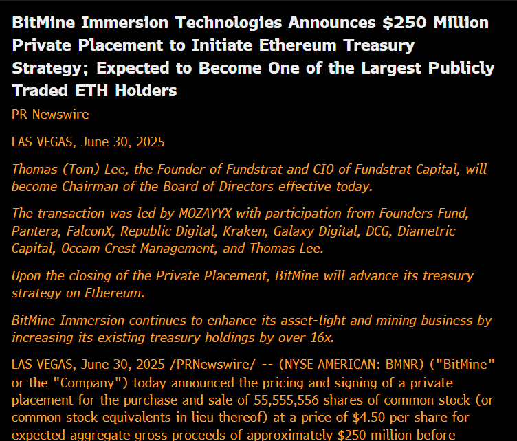 matthew_sigel's tweet image. BMNR - fundstrat's Tom Lee becomes chairman of this $25M market cap shell, announces $250M placement with participation from founders fund, falconx, kraken, galaxy etc for ETH treasury strategy. 
Stock 3x in pre-market.