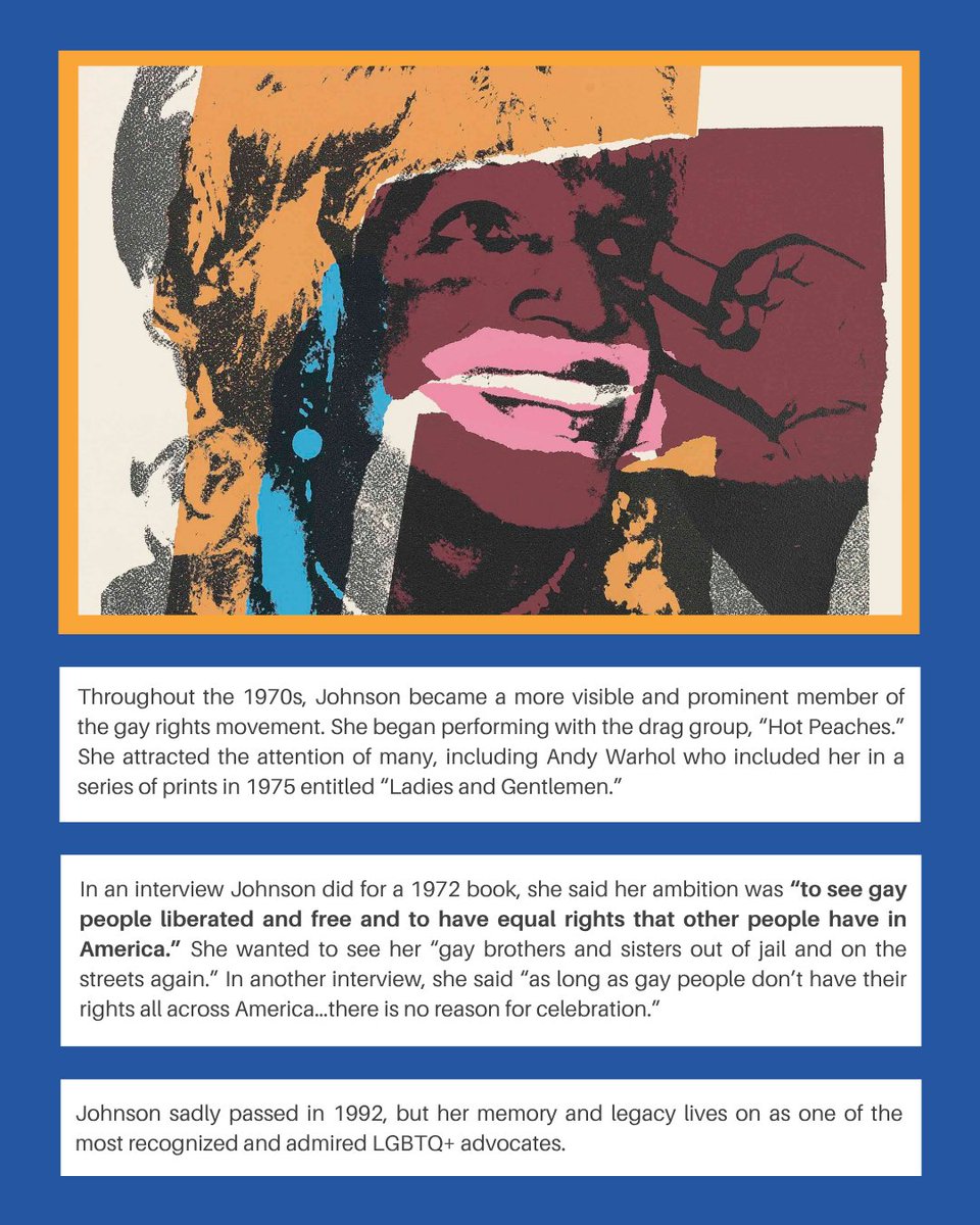 As we close out #PrideMonth, we would be remiss to not highlight one of the most recognized and admired LGBTQ+ advocates, Marsha P. Johnson 🏳️‍🌈🏳️‍⚧️ 
#BlackHistoryYear
