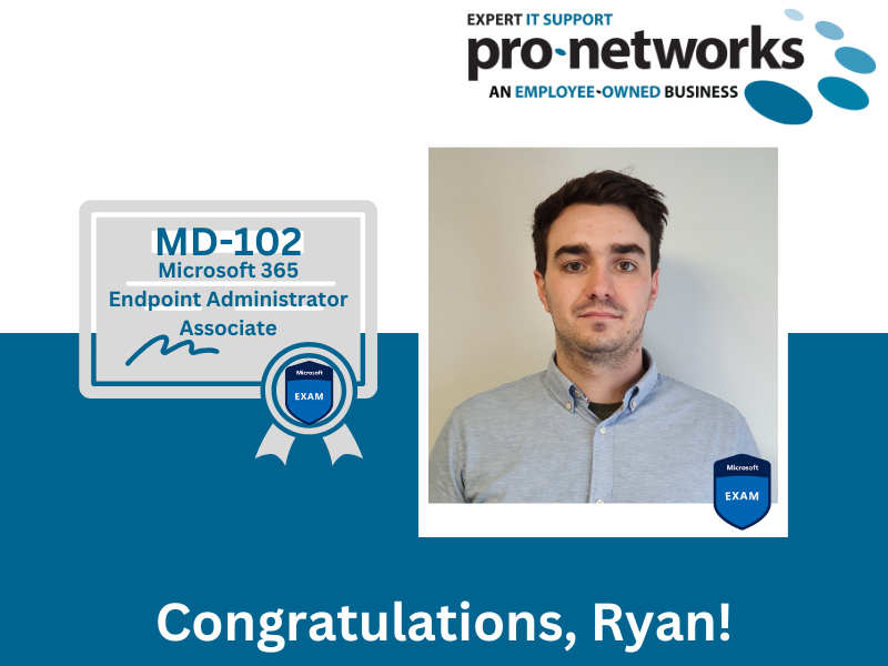 Congratulations to Ryan for passing the MD-102 exam to become certified as a Microsoft 365 Endpoint Administrator Associate.
This demonstrates expertise in deploying, configuring, &amp; managing Windows devices and M365 services.
Why is this important? See bit.ly/3ER45ke