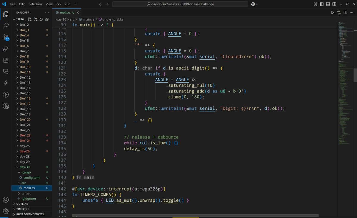 ultraman_62's tweet image. #LSPPDay30
Built a keypad‐driven servo controller!
– Enter 0–180° on 4×4 matrix → confirm with '#'
– Fast‑PWM on D9 for smooth 50 Hz servo sweep
– Sleep/wake with INT0 & heartbeat LED at 1 Hz
#60DaysOfLearning2025 #RustEmbedded #LearningWithLeapfrog @lftechnology