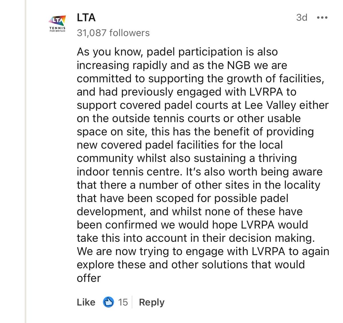 SaveLVTennis's tweet photo. For some context, here is what the @the_LTA is saying about this issue @LeeValleyPark @wfcouncil @NewhamCouncil @GLL_UK https://t.co/oLxmpLJp8X
