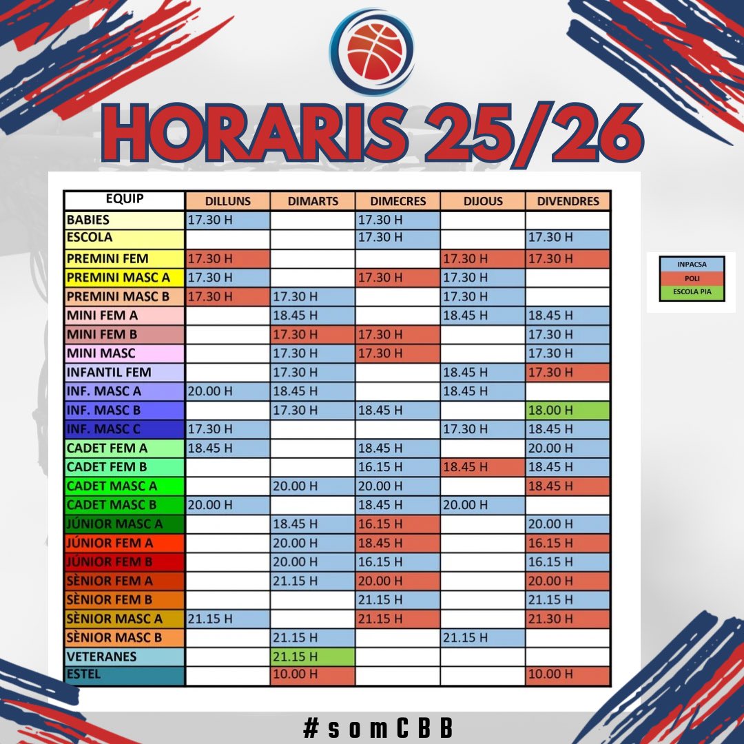 𝐇𝐎𝐑𝐀𝐑𝐈𝐒 𝟐𝟎𝟐𝟓/𝟐𝟎𝟐𝟔 🔴🔵

Compartim amb vosaltres els horaris d'entrenament de la temporada 2025/2026 del club. Aquests horaris estan subjectes a possibles canvis, però intentarem al màxim mantenir-los de cara a la temporada entrant.

#somCBB