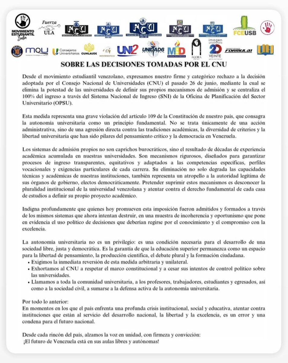 La universidad venezolana y el Movimiento Estudiantil, hoy más que nunca deben estar unidos para hacerle frente a la medida arbitraria e impuesta del CNU.

Tanto autoridades y estudiantes debemos estar en un solo frente para defender la autonomía, la academia libre y democrática