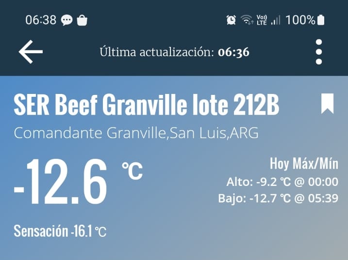Bueno. Vamos con el dato de Granville.
Tenemos dos termómetros. 
Este es el que tenemos colocado en la zona cálida y poco heladora del campo.
Tengo que bajar los datos del termómetro que está en una zona fría del campo.