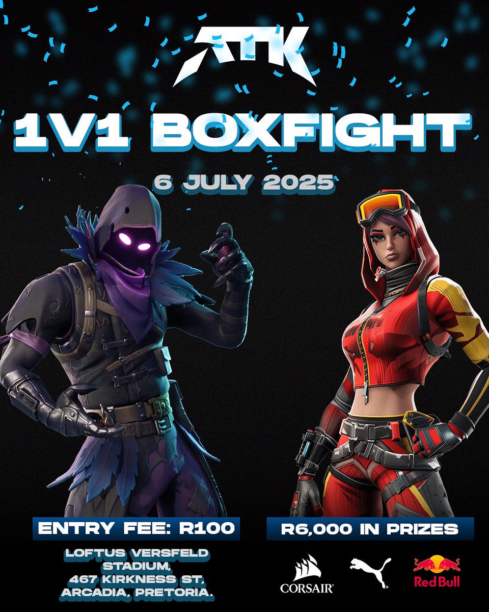 ATK (@atkarena) on Twitter photo Gauteng Gamers — it’s finally time to box up and lock in 🔥 
On Sunday, 6 July, we'll be hosting our first 1v1 Fortnite Box Fight tournament at the brand-new ATK Arena Loftus in Pretoria. You’ll battle through two rounds of double elimination for a shot at some amazing Puma and Gauteng Gamers — it’s finally time to box up and lock in 🔥 
On Sunday, 6 July, we'll be hosting our first 1v1 Fortnite Box Fight tournament at the brand-new ATK Arena Loftus in Pretoria. You’ll battle through two rounds of double elimination for a shot at some amazing Puma and