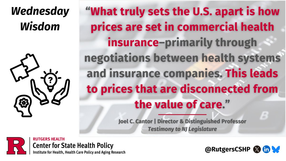 This week’s #WednesdayWisdom comes from our Director Joel Cantor.

He provided written testimony to the #NewJersey Assembly Committee on Financial Institutions and Insurance as they consider creating a #healthcare spending commission in the Garden State: go.rutgers.edu/5tpcqvkp