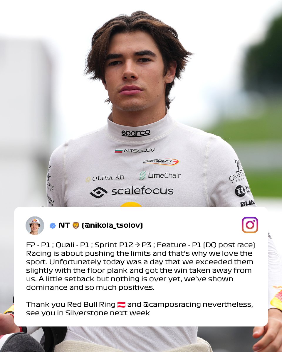 Formula 3 (@formula3) on Twitter photo "Nothing is over yet" ๐ช
<a href="/NikolaTsolov/">Nikola Tsolov</a> reacts to his disqualification from yesterday's Feature Race ๐ฃ๏ธ๐
#F3 #AustrianGP "Nothing is over yet" ๐ช
<a href="/NikolaTsolov/">Nikola Tsolov</a> reacts to his disqualification from yesterday's Feature Race ๐ฃ๏ธ๐
#F3 #AustrianGP