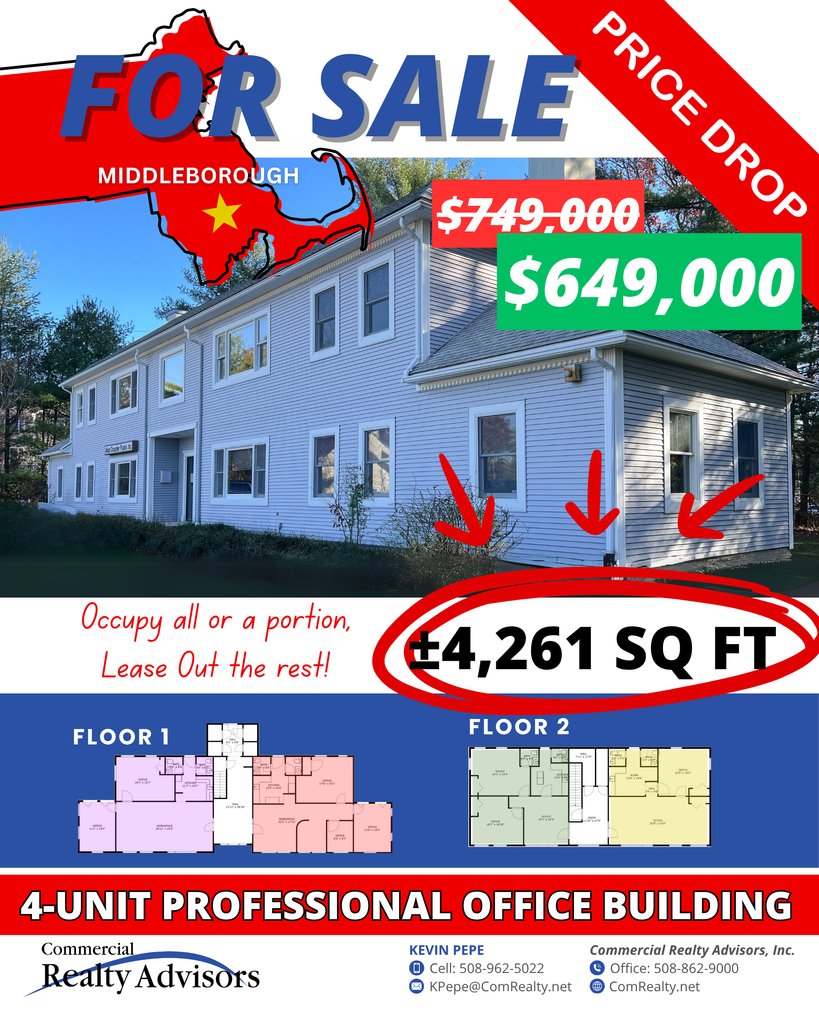 ComRealtyNet's tweet image. $649,000 💼 Professional Office Building | ±4,261 SF⁠
📍 150 West Grove Street, Middleborough, MA⁠
⁠
🏢 4 Office Suites – Occupy a Portion, Lease the Rest!⁠
⁠
🔗 Full details⁠: l8r.it/twjr
⁠
#CRE #PriceDrop #MiddleboroughMA