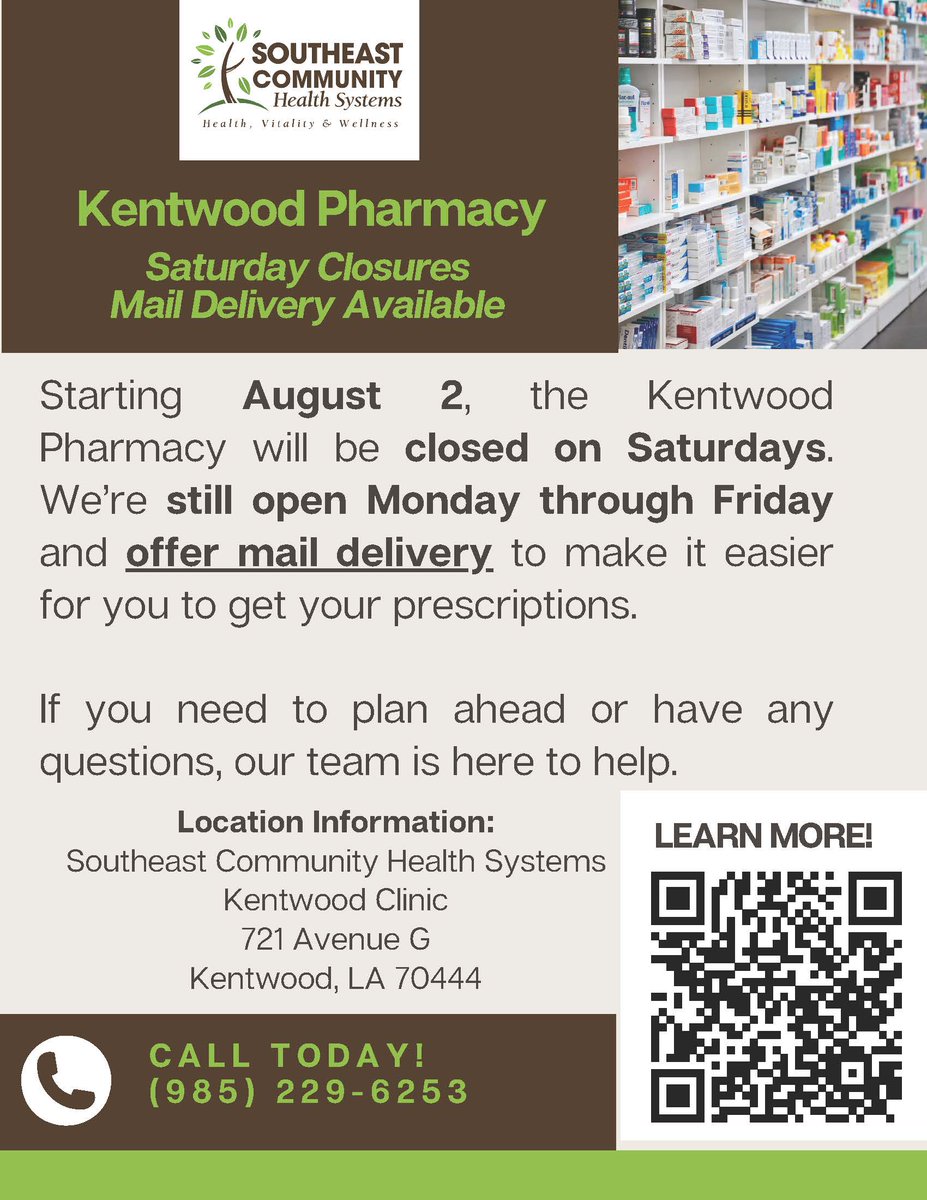Can’t make it during the week? Ask about our medication delivery options.
Even with Saturday closures starting August 2, we’ll help you stay on track.
#healthvitalitywellness