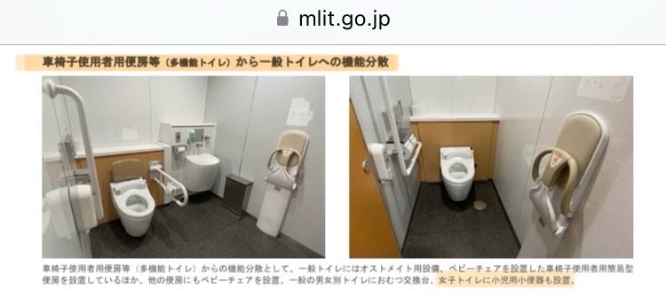 oriii_chance's tweet photo. トイレ問題について、ガイドラインを調べてくれた方がいるので、画像を共有しながら説明しますね。

一部では、「男児連れは女子トイレを使うな。『多目的トイレ』があるのだから、そちらを使え」と主張する声があります。しかし現実は、そんなに単純ではありません。

「多目的トイレ」「多機能トイレ」と呼ばれるスペースには、必要な設備が集約されていて、それを使わざるを得ない人たちが大勢います。
しかし、車椅子やオストメイト•介助が必要な人、荷物の多い人や乳幼児や様々な理由で利用が集中して混み合い、十分に使えない���いう問題が起きているのです。

そこで国は、設備を一般のトイレにも分散させる方針を取りました。(国土交通省)

その一環として、男子用・女子用それぞれのトイレにおむつ交換台を設置し、女子トイレにも幼児用の小便器を設けるようになりました。

これは、年齢が小さく、まだ一人で男性用トイレに行けない男児が、安全に排泄できるようにするための対応です。

また、母親が自分の排泄のためにトイレを使いたい場合、小さな男の子を一人で外に待たせるのは非常に危険です。（これは女の子でも同じです）
迷子や事故などのリスクがあるため、子どもをそばに置いておくのは保護者として当然の判断です。

つまり、女子トイレに小さな男の子が入ることは、施設のルールを無視した行為でも、親のわがままでもなく、「国の方針に基��いた安全確保のための対応」なのです。

���女子トイレに男児を入れるなんて非常識」「母親は名誉男性だ」「性犯罪者になる」などという極端な批判は、現実を無視した偏見に過ぎません。

各自治体や施設に正式なルール改定を求めるわけでもなく、利用者を攻撃し、萎縮させ、それを「やったー！」と喜ぶような言動は、まさに加害者の視点です。