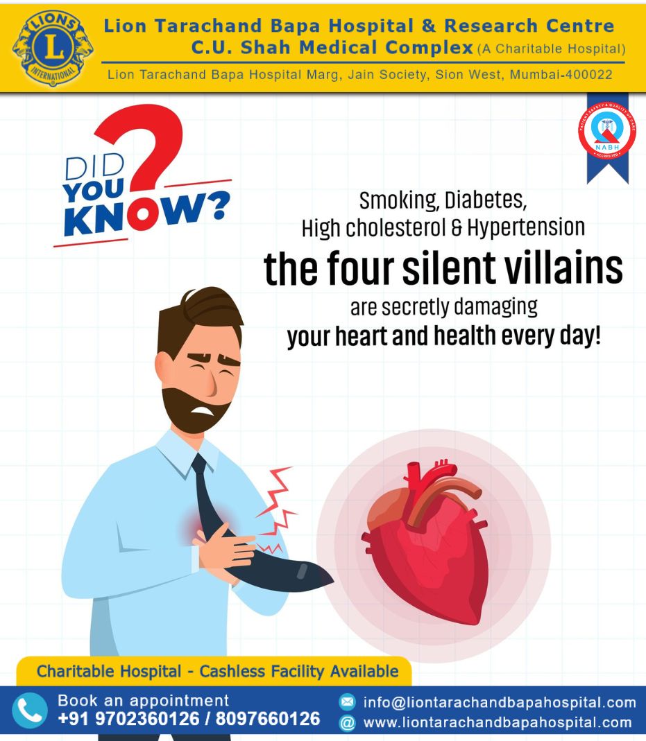 LionHospital1's tweet photo. DID YOU KNOW?
The four silent villains — Smoking, Diabetes, High Cholesterol, and Hypertension — quietly damage your heart every single day. Don't wait for symptoms to strike! Early detection saves lives
#HeartHealth #SABH #PreventiveCare #LionTarachandBapaHospital https://t.co/Heok6nYMfS