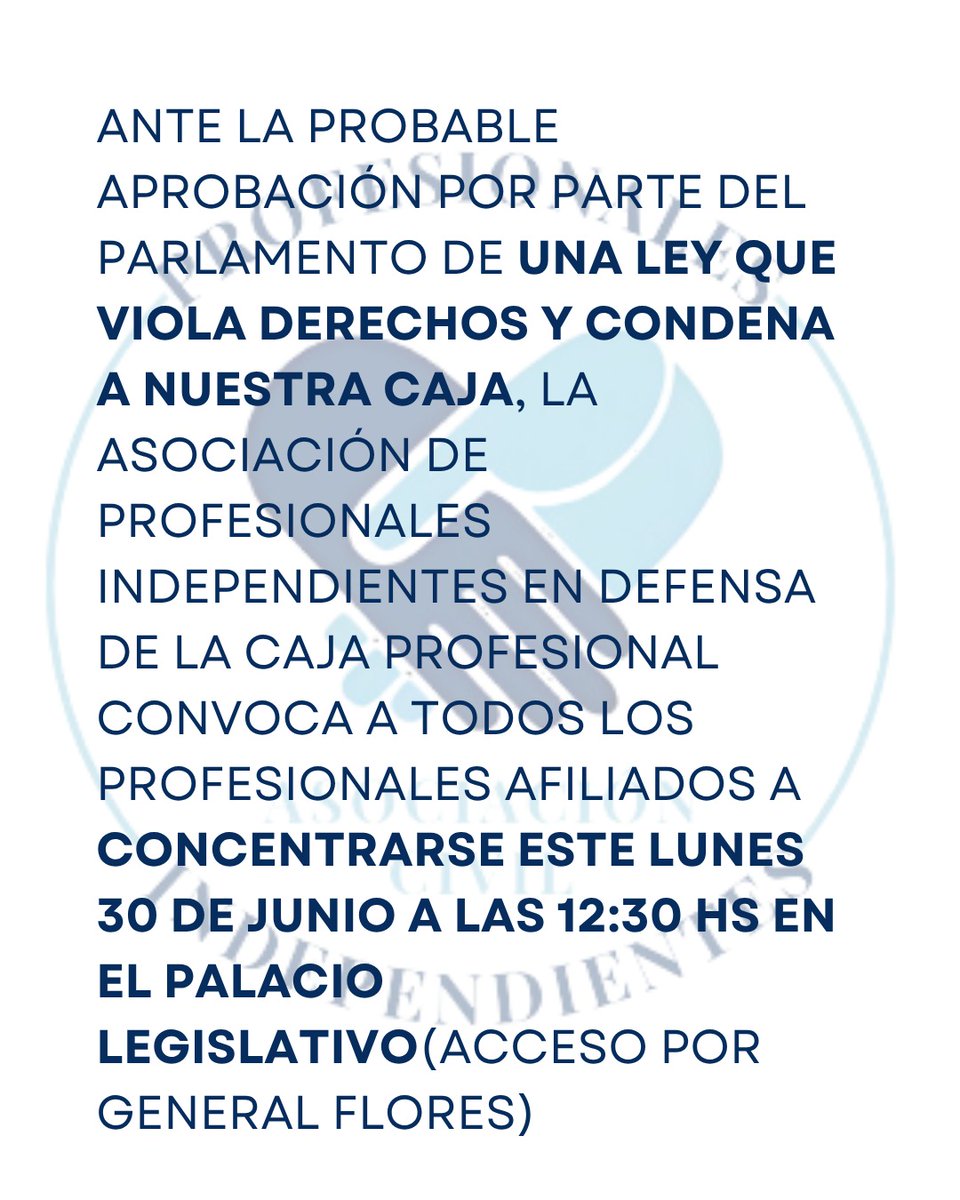 ProfesionalesI7's tweet photo. CONCENTRACIÓN
📍PALACIO LEGISLATIVO
🗓️ HOY 12. 30HS

#leyexpress #cajaprofesional #profesionalesindependientes #afaps #iass https://t.co/fbRvfA9m3x