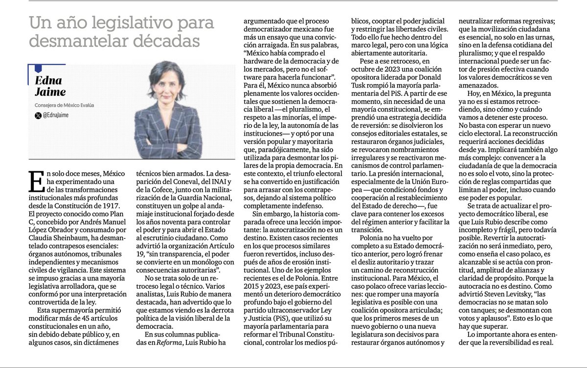 EdnaJaime's tweet image. La autocratización no es destino. Sin embargo la reconstrucción requerirá acciones decididas desde ya e implicará algo más complejo: convencer a la ciudadanía de que la democracia también es limitar al poder, incluso cuando ese poder es popular.