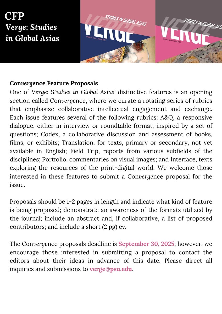 Reminder CFP
Verge Issue 13.2 Things That Matter: Materiality and the Making of Global Asias
Edited by Neelima Jeychandran, Monica Merlin, and Tina Chen
Convergence Feature Proposal due September 30, 2025
Pleas see below for detail or visit: bit.ly/4j21tSD