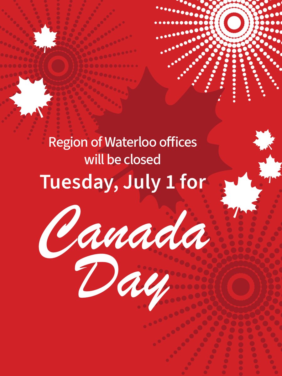 Region of Waterloo (@regionwaterloo) on Twitter photo Regional service changes for #CanadaDay, July 1: bit.ly/4l4YiuD
🚌 <a href="/GRT_ROW/">Grand River Transit</a>: operates on a holiday schedule: bit.ly/4luJXar
♻️ Waste Mgmnt: Regular curbside waste collection Tuesday. Transfer stations are closed
📚 @RWLibrary: closed
🎨 <a href="/RWMuseumArchive/">Region of Waterloo Museums & Archives</a>: open Regional service changes for #CanadaDay, July 1: bit.ly/4l4YiuD
🚌 <a href="/GRT_ROW/">Grand River Transit</a>: operates on a holiday schedule: bit.ly/4luJXar
♻️ Waste Mgmnt: Regular curbside waste collection Tuesday. Transfer stations are closed
📚 @RWLibrary: closed
🎨 <a href="/RWMuseumArchive/">Region of Waterloo Museums & Archives</a>: open