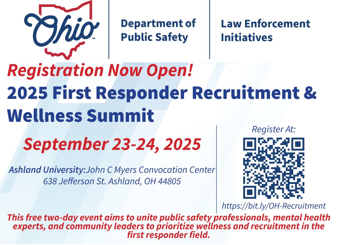 OhioLER's tweet image. Join us for the 2025 First Responders Recruitment & Wellness Summit to discuss wellness and recruitment in the first responder field. Scan the QR code or click the link to register for this free event! bit.ly/OH-Recruitment