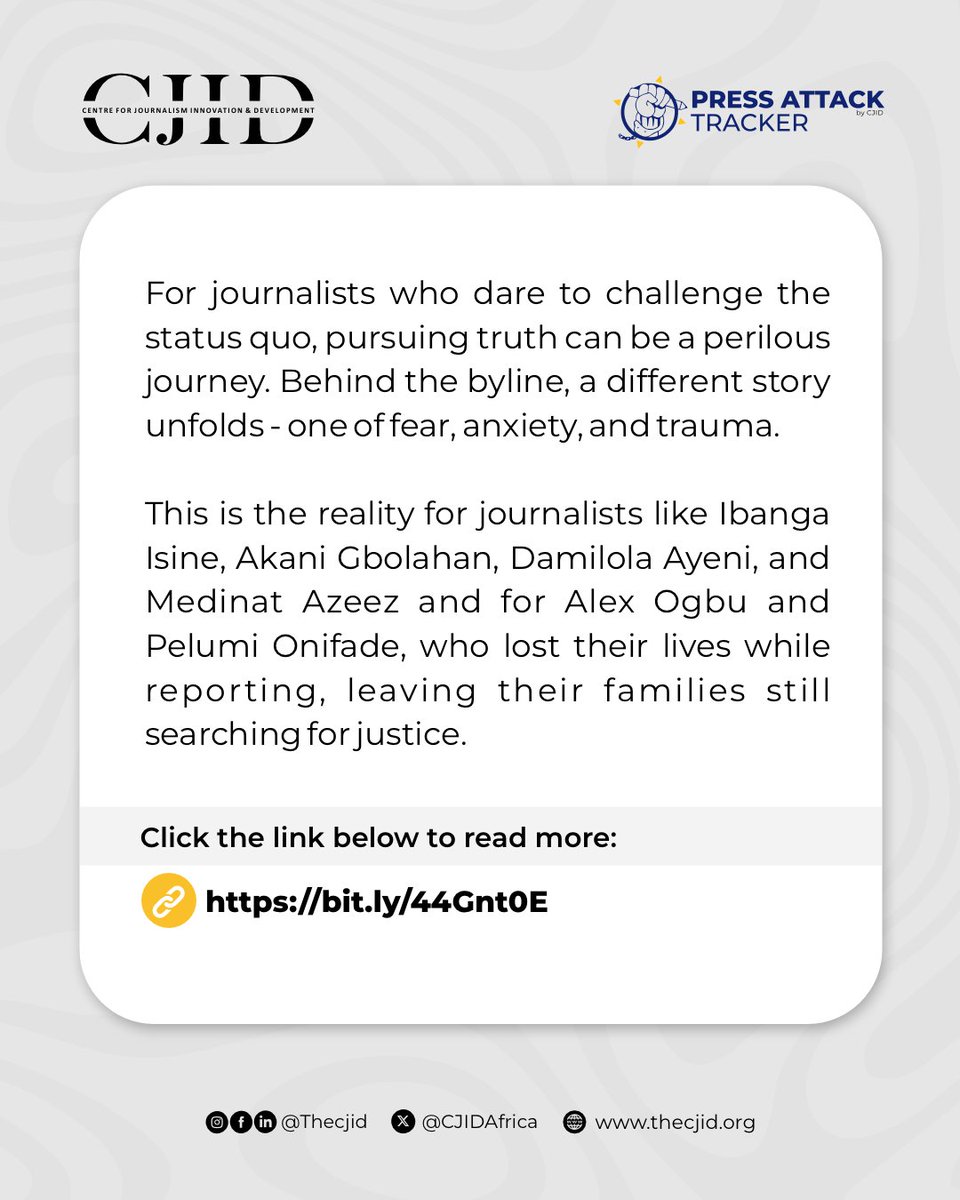Centre for Journalism Innovation and Development (@cjidafrica) on Twitter photo The cost of truth in Nigeria is rising, and journalists are paying with trauma, exile, and, in some cases, their lives.
In this report, <a href="/AdejumoKabir2/">Adejumo Kabir A.</a> uncovers the personal stories behind the headlines, where fear and violence are forcing many journalists into silence or The cost of truth in Nigeria is rising, and journalists are paying with trauma, exile, and, in some cases, their lives.
In this report, <a href="/AdejumoKabir2/">Adejumo Kabir A.</a> uncovers the personal stories behind the headlines, where fear and violence are forcing many journalists into silence or