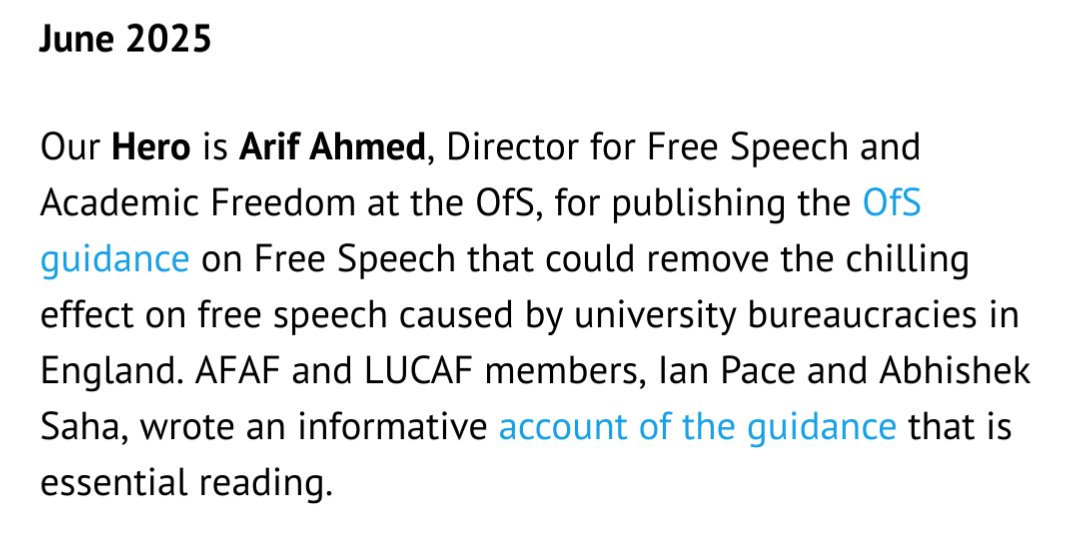 Congratulations to Arif Ahmed, the <a href="/AFAF_freespeech/">Academics For Academic Freedom</a> hero of the month!

The role of "free speech tsar" is fraught with risk -- the scope for disappointment vast. And yet, Arif Ahmed has been nothing short of remarkable. Thoughtful, consistent, principled, revolutionary.