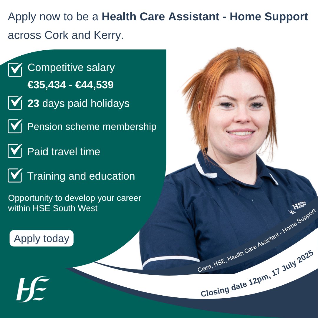 HSESouthWest (@hsesouthwest) on Twitter photo 👥We are hiring Health Care Assistants - Home Support in #Cork & #Kerry
✍️Apply here bit.ly/HomeSupportHCA
🗓️Closing date: 17 July 2025 at 12pm
📚Learn more: bit.ly/HSECareerHub
<a href="/HSELive/">HSE Ireland</a> #NowHiring #HomeSupportHCA #CorkJobs #KerryJobs 👥We are hiring Health Care Assistants - Home Support in #Cork & #Kerry
✍️Apply here bit.ly/HomeSupportHCA
🗓️Closing date: 17 July 2025 at 12pm
📚Learn more: bit.ly/HSECareerHub
<a href="/HSELive/">HSE Ireland</a> #NowHiring #HomeSupportHCA #CorkJobs #KerryJobs