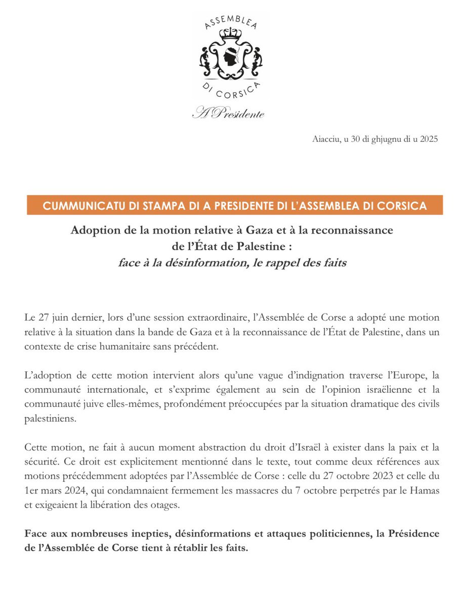 Maupertuis_N's tweet photo. Cummunicatu di stampa di a Presidente di l’Assemblea di Corsica 

⬇️ https://t.co/1KVeIZYHbW