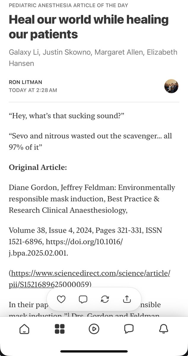 Pediatric Anesthesia Article of the Day 

Heal our world while healing our patients

Galaxy Li, Justin Skowno, Margaret Allen, Elizabeth Hansen

open.substack.com/pub/ronlitman/…

#PedsAnes #PedsPain #PedsCardsAnes #PedsICU #MedEd #PAAD
