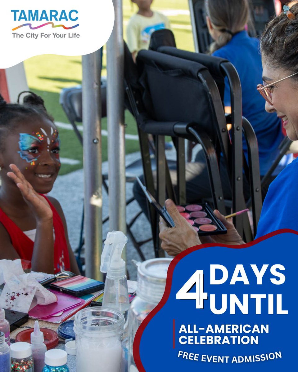 In 4 days, come celebrate at the FREE All-American Celebration at the Tamarac Sports Complex. The festivities begin at 6:30pm, with face painting for the kids, lawn games and top 40 hits by the VAM Band. The celebration will conclude with a fireworks display at 9pm!