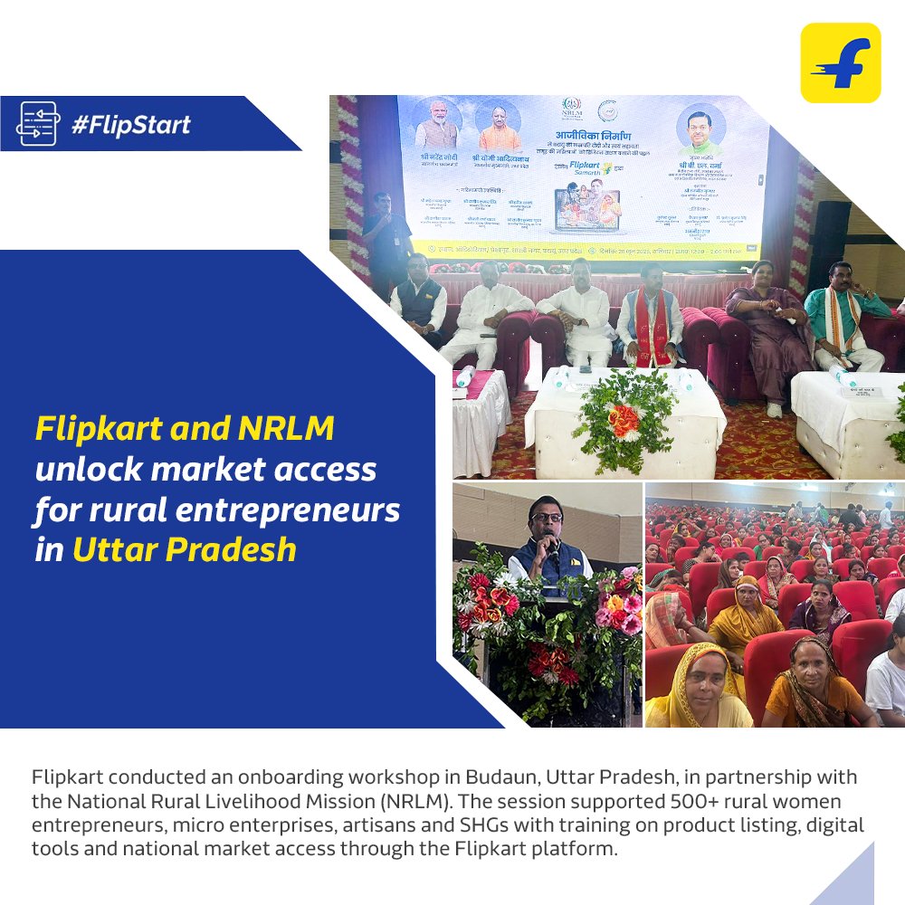 FlipkartStories's tweet image. .@Flipkart hosted an onboarding workshop in Budaun, Uttar Pradesh, with the National Rural Livelihood Mission (NRLM) to support rural women entrepreneurs, micro enterprises, artisans and SHGs.
500+ participants gained insights into product listing, online selling and national…