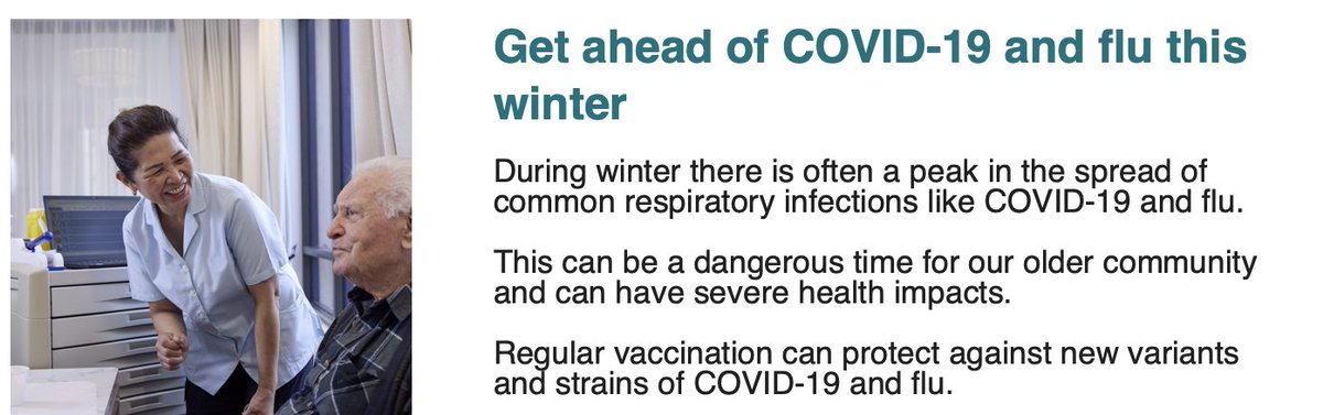 What is wrong with this picture?
Federal dept of Health &amp; Aged Care messaging.
They are seriously wedded to the vax &amp; relax only program with a limited choice &amp; largely inaccessible vaccine.
Well into the 6th year &amp; Covid is still a 'winter virus' that somehow peaks twice a year.