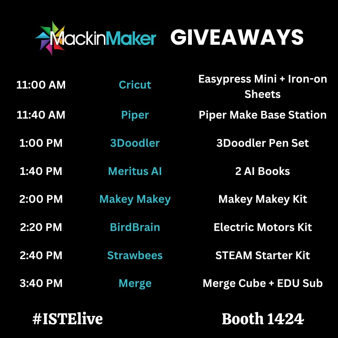 MackinMaker (@mackinmaker) on Twitter photo Makerspace Giveaways at #ISTElive! π¨
Visit Mackin booth #1424 for live presentations and awesome prizes from:
π 11:00: <a href="/cricut/">Cricut</a>
π¦ 11:40: <a href="/StartWithPiper/">Piper</a>
π 1:00: <a href="/3Doodler/">3Doodler</a>
π 1:40: <a href="/MeritusAI/">Meritus AI</a>
π 2:00: <a href="/makeymakey/">Makey Makey</a>
π 2:20: <a href="/birdbraintech/">BirdBrain Technologies</a>
π 2:40: <a href="/strawbees/">Strawbees</a>
π 3:40: <a href="/mergeedu/">#MergeEDU</a> Makerspace Giveaways at #ISTElive! π¨
Visit Mackin booth #1424 for live presentations and awesome prizes from:
π 11:00: <a href="/cricut/">Cricut</a>
π¦ 11:40: <a href="/StartWithPiper/">Piper</a>
π 1:00: <a href="/3Doodler/">3Doodler</a>
π 1:40: <a href="/MeritusAI/">Meritus AI</a>
π 2:00: <a href="/makeymakey/">Makey Makey</a>
π 2:20: <a href="/birdbraintech/">BirdBrain Technologies</a>
π 2:40: <a href="/strawbees/">Strawbees</a>
π 3:40: <a href="/mergeedu/">#MergeEDU</a>