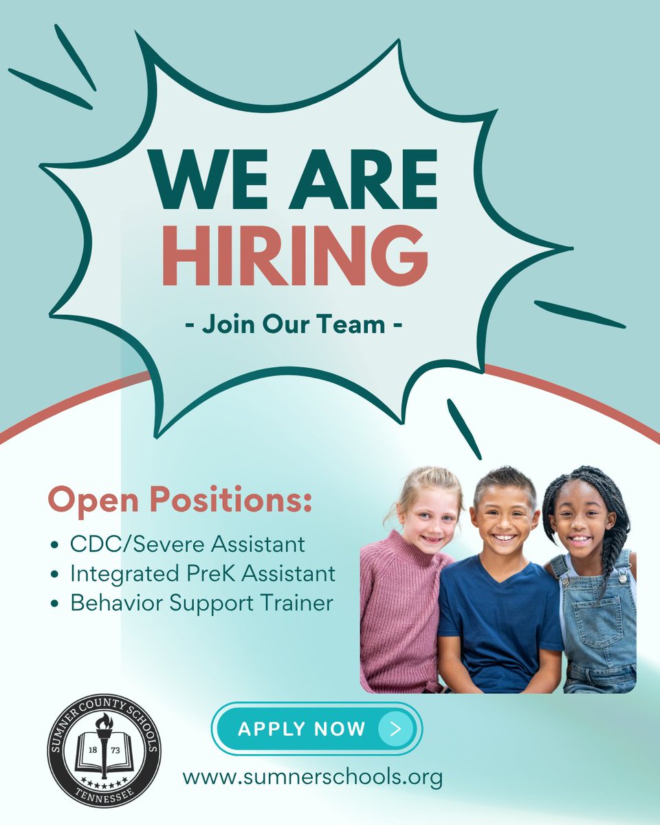 CareersSCS's tweet image. Join the incredible team at Sumner County Schools and make a difference in the lives of students every day. 💙✨Ready to make an impact? 💼
Apply now at sumnerschools.org
🔗 Link in bio!
#SumnerCountySchools #NowHiring #JoinOurTeam #EducationJobs #MakeADifference