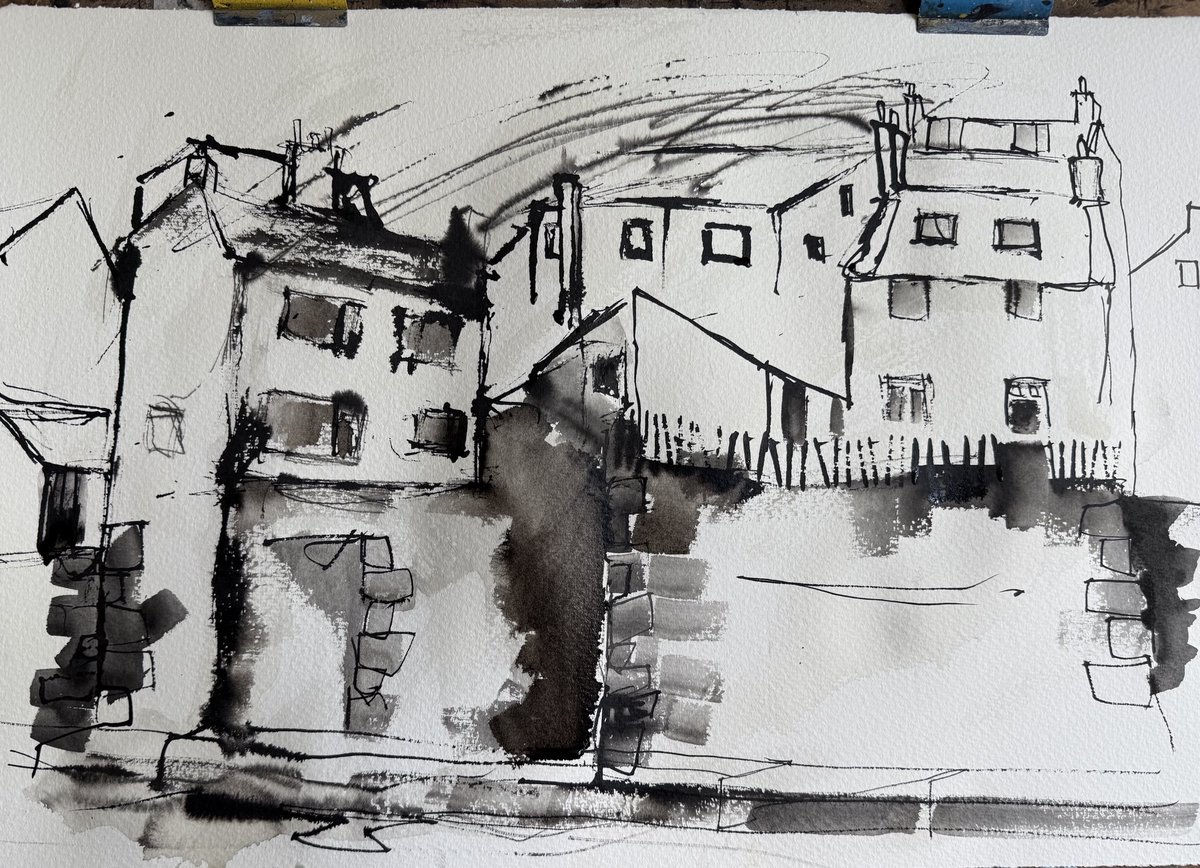 staithesartist's tweet photo. #WIP #peandink #eyedropper and #brush Going to add some colour later. Working in snatches as it is too hot indoors and even hotter out. #Staithes https://t.co/dw2XrOsEEy