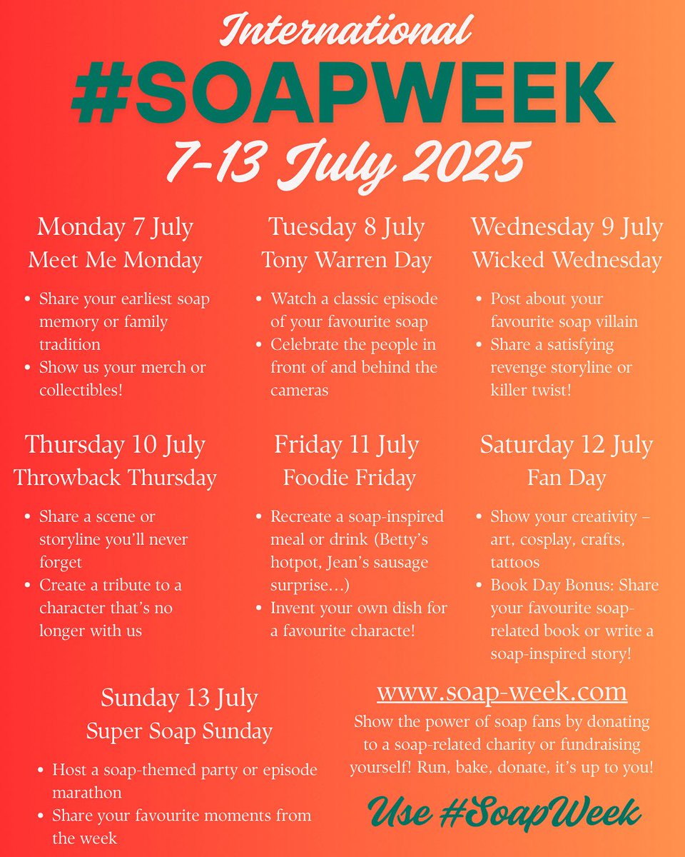 ConversationStr's tweet image. A handy guide to each day for #soapweek! Please share this as much as possible!
