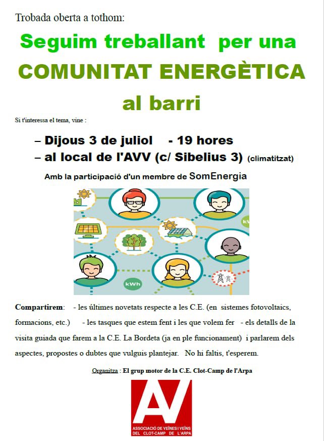 avvc_ca's tweet photo. XERRADA INFORMATIVA SOBRE UNA COMUNITAT ENERGÈTICA AL BARRI. 

📆 3 JULIOL 
⏰ 19 hores
📡 C Sibelius 3 (La Soci)

https://t.co/AQ6UDLg49W https://t.co/FgjBWUShUv